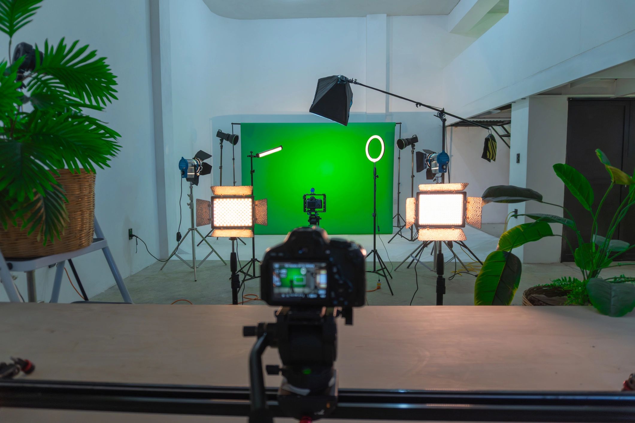 Professional video production studio setup with lighting